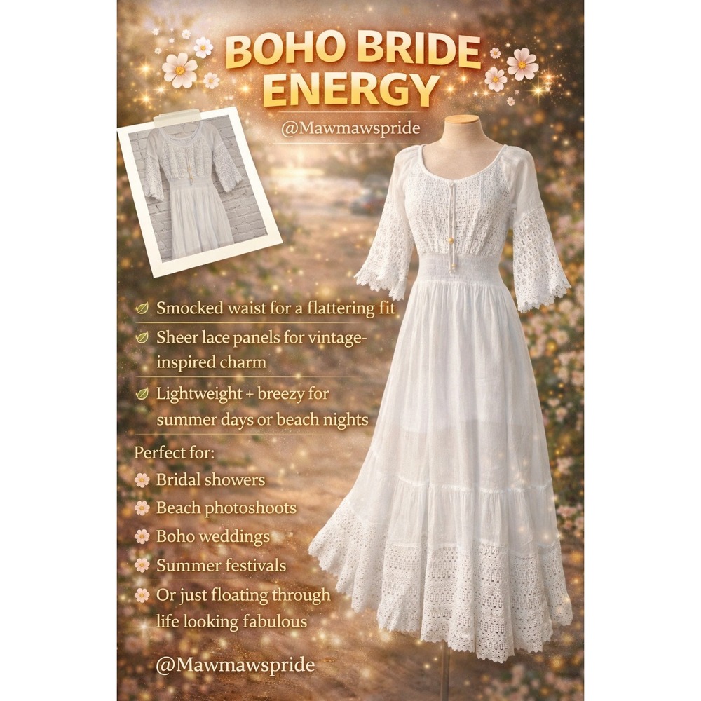 White Boho Lace Maxi Dress Smocked Waist Bridal Shower Summer Festival Gown S